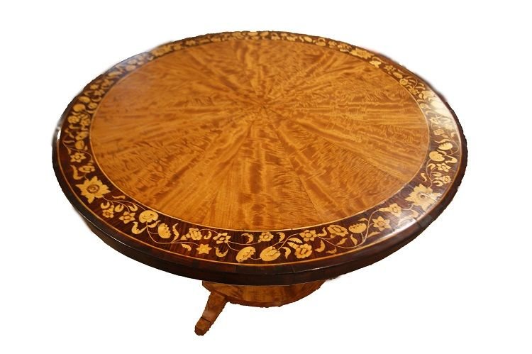 Antico tavolo circolare inglese della prima metà del 1800 in legno di betulla e palissandro-photo-2