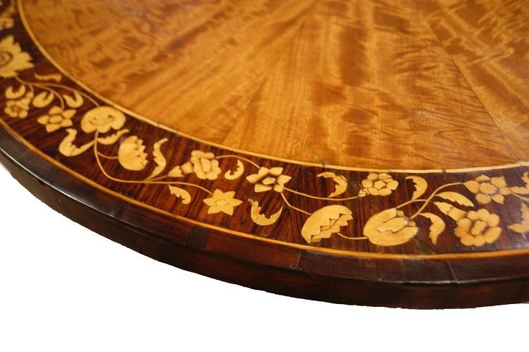 Antico tavolo circolare inglese della prima metà del 1800 in legno di betulla e palissandro-photo-3