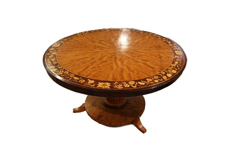Antico tavolo circolare inglese della prima metà del 1800 in legno di betulla e palissandro