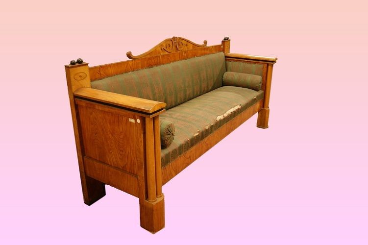 Divano svedese della prima metà del 1800, stile Biedermeier, in legno di betulla e noce-photo-2