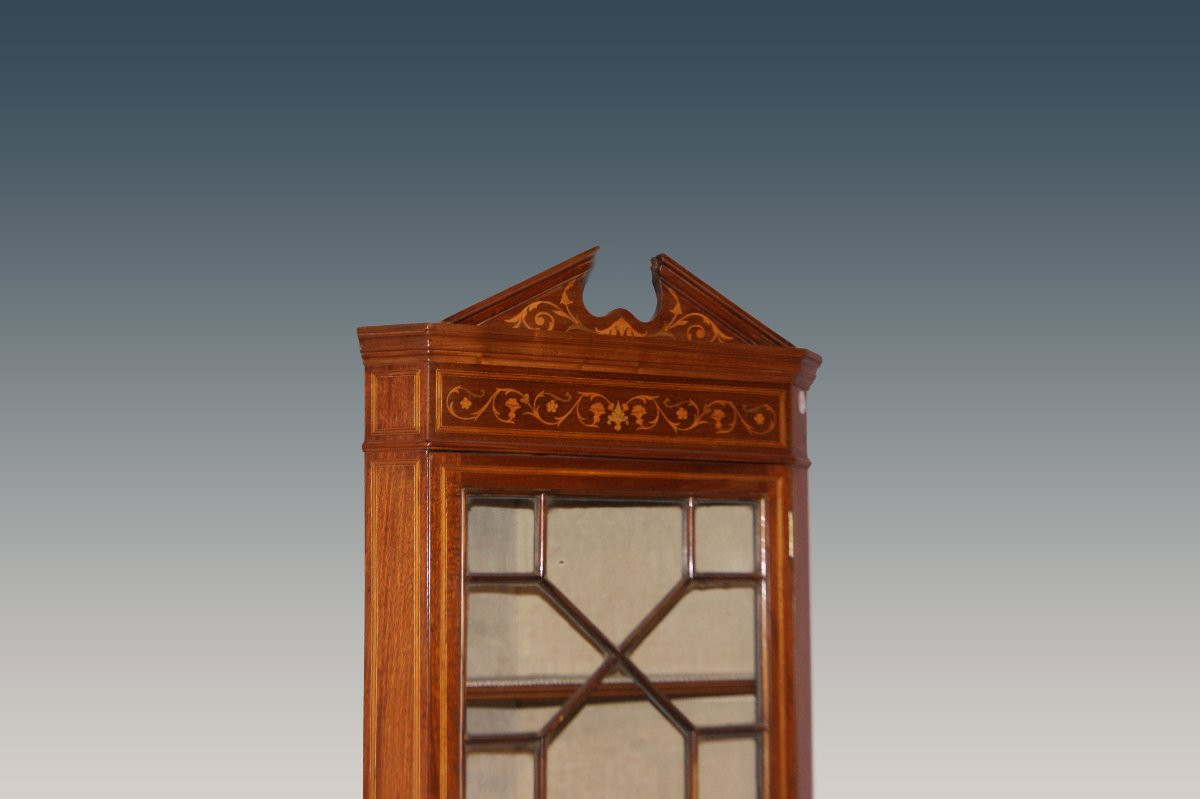 Coppia di graziosissime angoliere a vetrina inglesi della seconda metà del 1800, stile Vittoria-photo-2