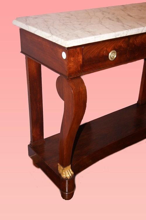 Consolle italiana in stile Impero, in piuma di mogano, con piano in marmo bianco e cassetto -photo-3