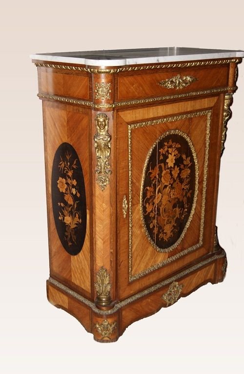 Coppia di credenze francesi della prima metà del 1800, stile Luigi XVI, in legno di bois de ros-photo-2