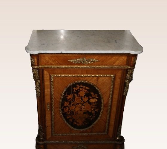 Coppia di credenze francesi della prima metà del 1800, stile Luigi XVI, in legno di bois de ros-photo-3