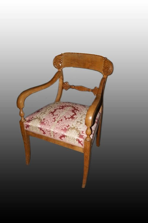 Gruppo di 3 poltrone Nord Europa, della 2 metà 1800, stile Biedermeier, in legno di betulla-photo-2