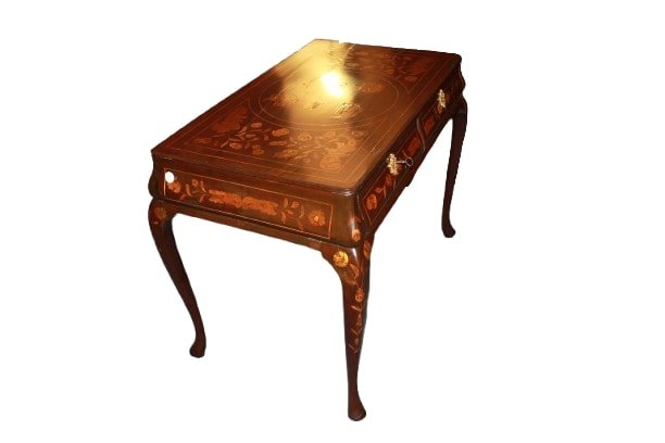Tavolino scrittoio Olandese di inizio 1800 in legno di Mogano intarsiato-photo-4
