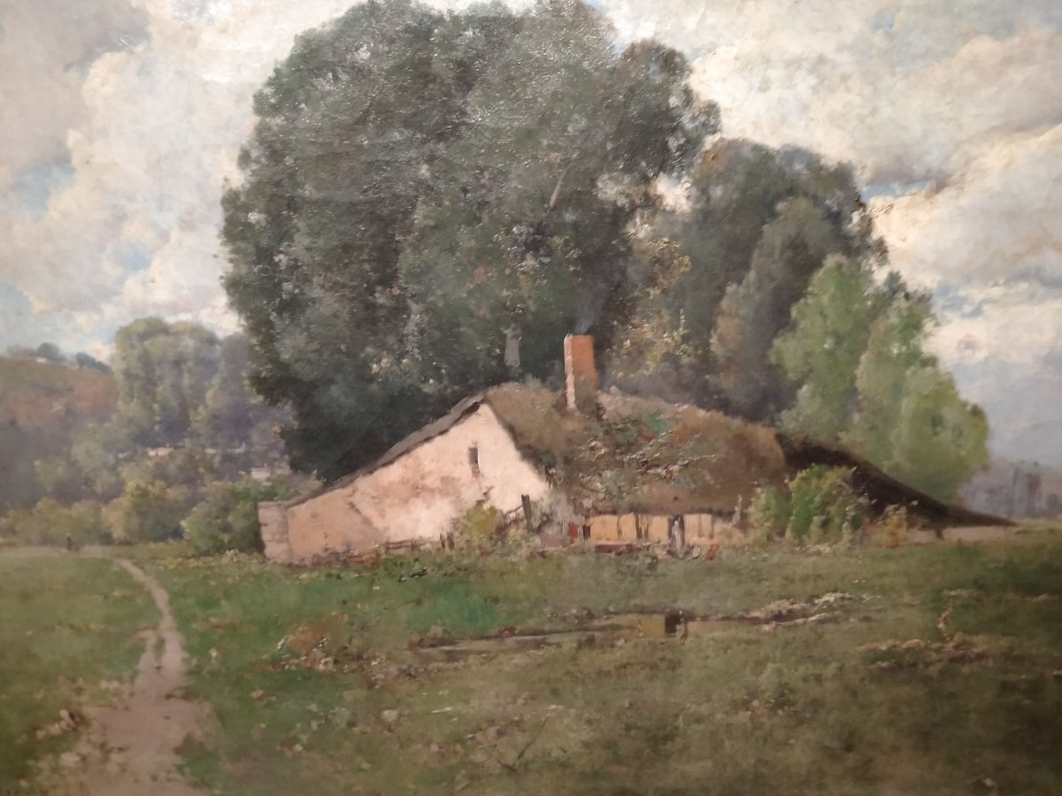 Olio su tela francese, raffigurante paesaggio primaverile con pianura e collina, con casolare. -photo-2
