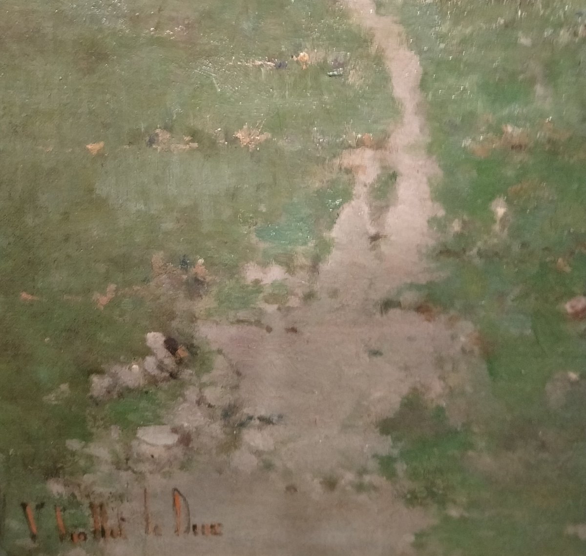 Olio su tela francese, raffigurante paesaggio primaverile con pianura e collina, con casolare. -photo-4