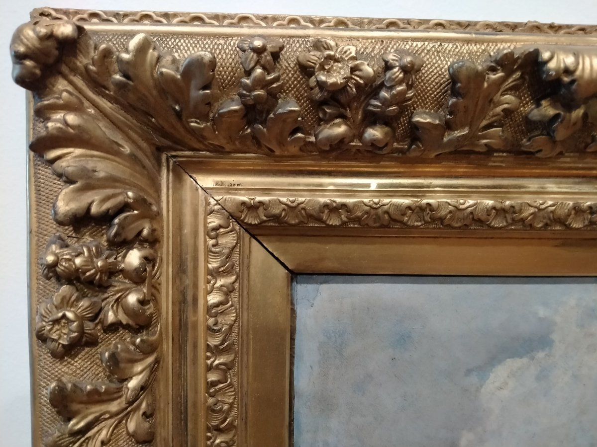 Olio su tela francese, raffigurante paesaggio primaverile con pianura e collina, con casolare. -photo-1