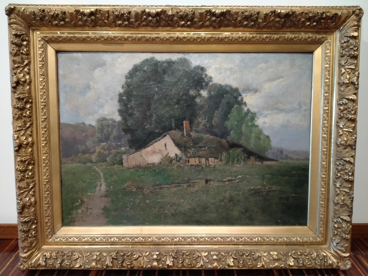Olio su tela francese, raffigurante paesaggio primaverile con pianura e collina, con casolare. 