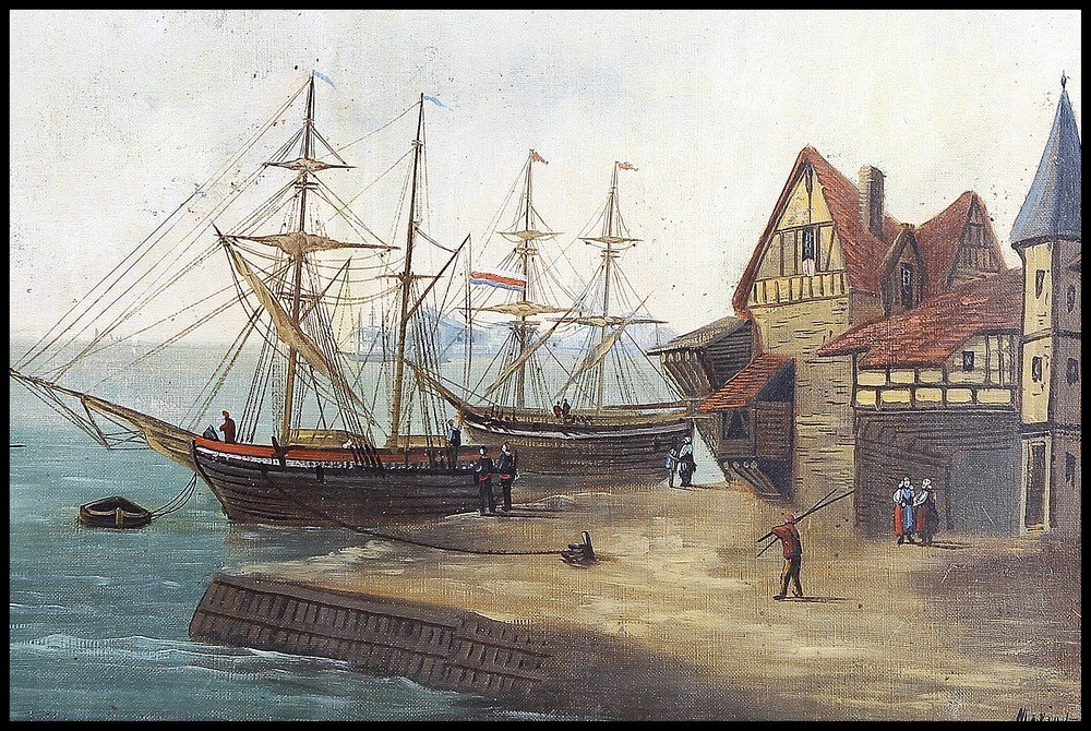 Olio su tela raffigurante una veduta marina con velieri. Il dipinto è firmato Mariot. Provenien-photo-3