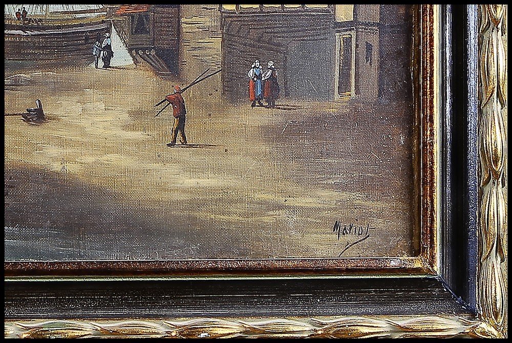 Olio su tela raffigurante una veduta marina con velieri. Il dipinto è firmato Mariot. Provenien-photo-4