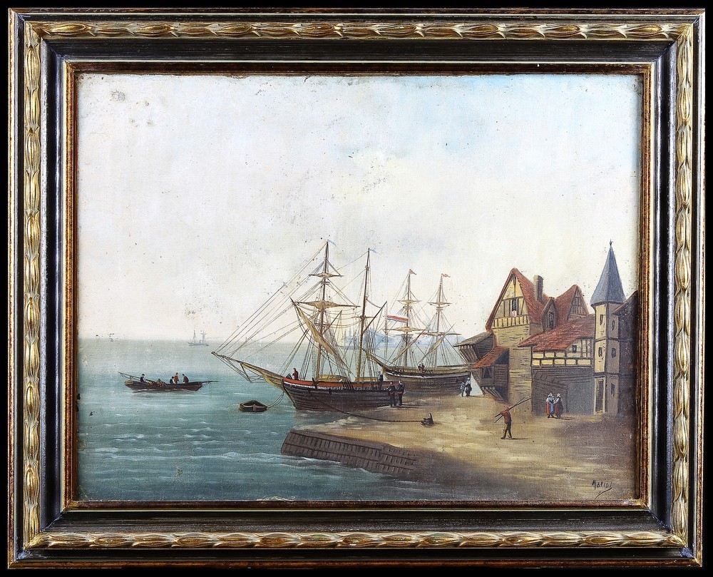 Olio su tela raffigurante una veduta marina con velieri. Il dipinto è firmato Mariot. Provenien