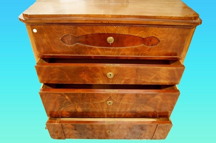 Comò Nord Europa di metà 1800, stile Biedermeier, in legno di mogano e piuma di mogano. Present-photo-3