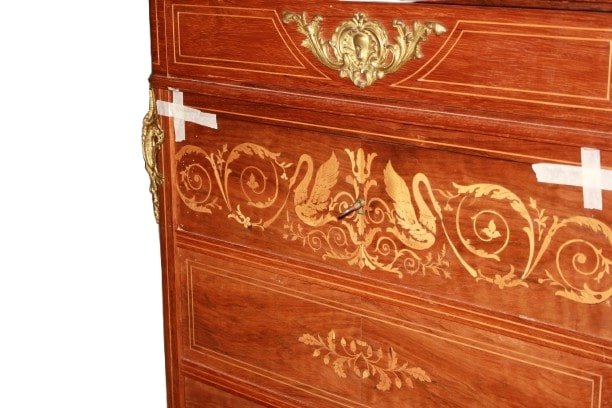 Bellissimo Secretaire Carlo X in legno di Palissandro riccamente intarsiato-photo-3