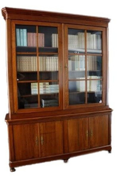 Antica grande libreria doppio corpo francese di fine 1800, stile Impero, in legno tinto noce. P