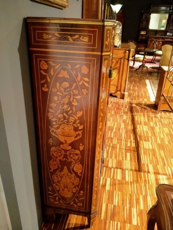 Secretaire olandese della fine 1700 riccamente intarsiato, a motivo floreale, da vari legni pol-photo-3