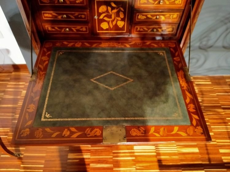 Secretaire olandese della fine 1700 riccamente intarsiato, a motivo floreale, da vari legni pol-photo-3