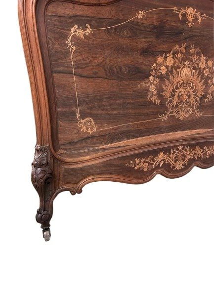 Letto Francese del 1800 Stile Luigi XV in Legno di Palissandro Riccamente Intarsiato-photo-4