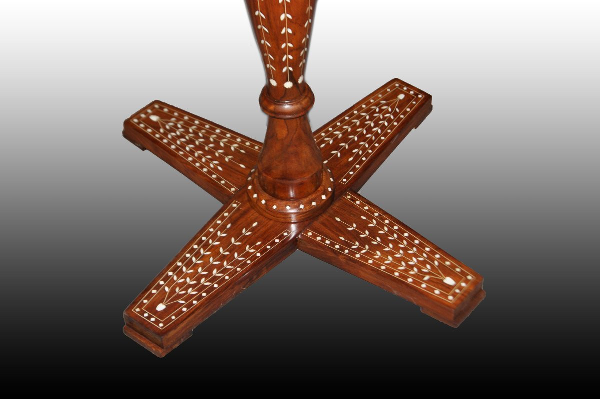Bellissimo tavolino circolare inglese di metà 1800, stile Orientale, in legno di palissandro-photo-4