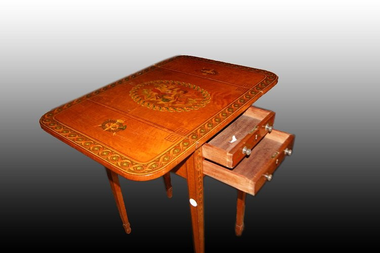 Bellissimo tavolino con alette inglese della prima metà del 1800, stile Sheraton, in legno di s-photo-1