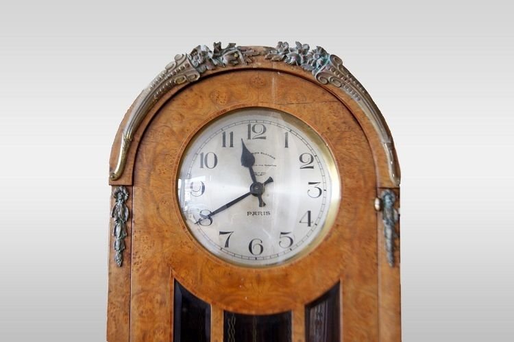 Orologio a colonna francese di inizio 1900, stile Decò, in olmo e radica di olmo-photo-2