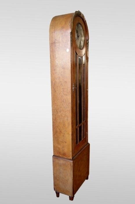 Orologio a colonna francese di inizio 1900, stile Decò, in olmo e radica di olmo-photo-3