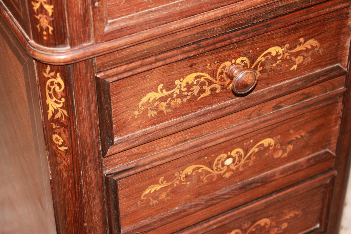 Comodino alto Francese Stile Luigi XV in Legno di Palissandro Intarsiato-photo-1