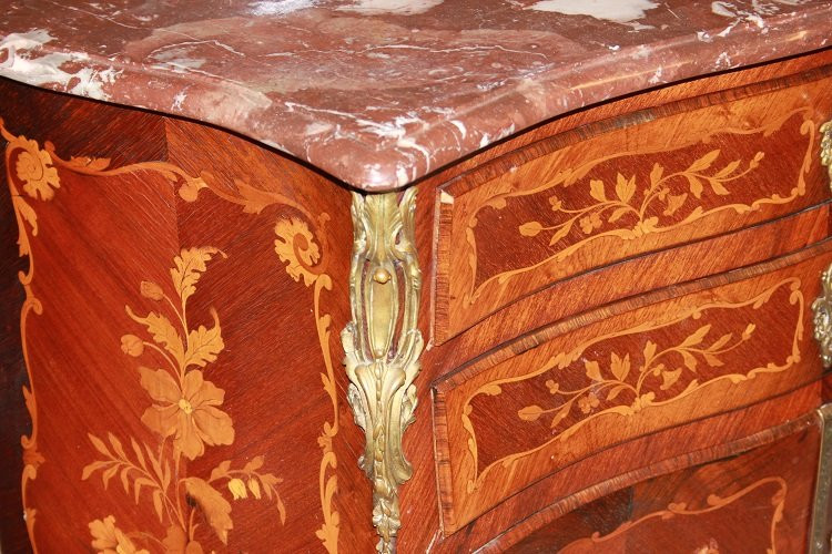 Comoncino francese della seconda metà del 1800, stile Luigi XV, in legno di bois de violette-photo-3