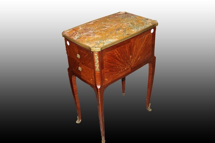 Mobiletto comodino francese della seconda metà del 1800, stile Luigi XV, in legno di bois de ro-photo-2