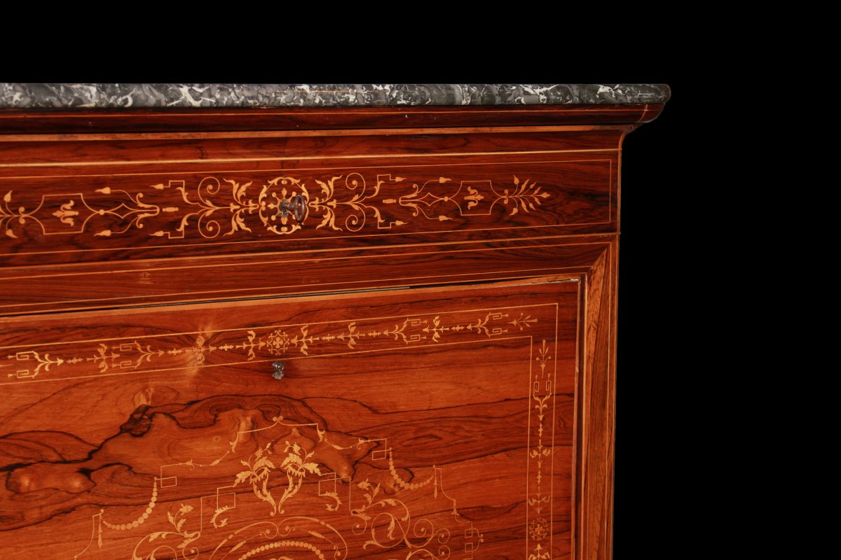 Secretaire francese di metà 1800, stile Carlo X, in legno di palissandro con ricchi motivi di i-photo-2