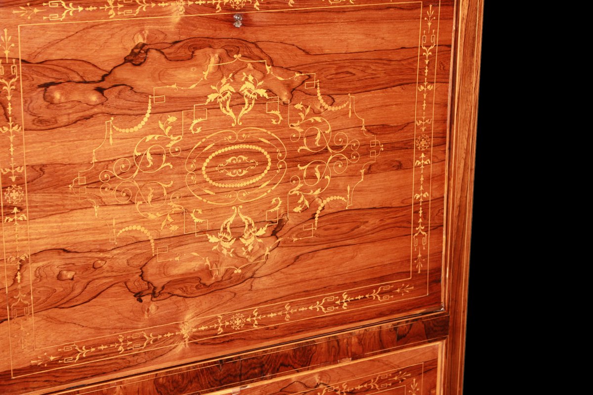 Secretaire francese di metà 1800, stile Carlo X, in legno di palissandro con ricchi motivi di i-photo-3