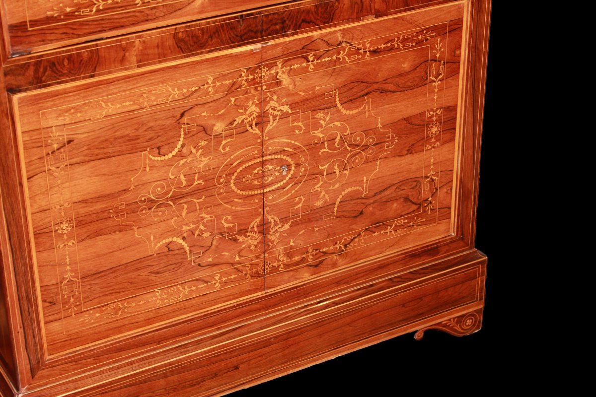 Secretaire francese di metà 1800, stile Carlo X, in legno di palissandro con ricchi motivi di i-photo-4