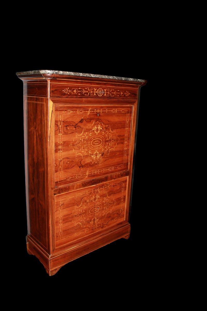 Secretaire francese di metà 1800, stile Carlo X, in legno di palissandro con ricchi motivi di i-photo-1