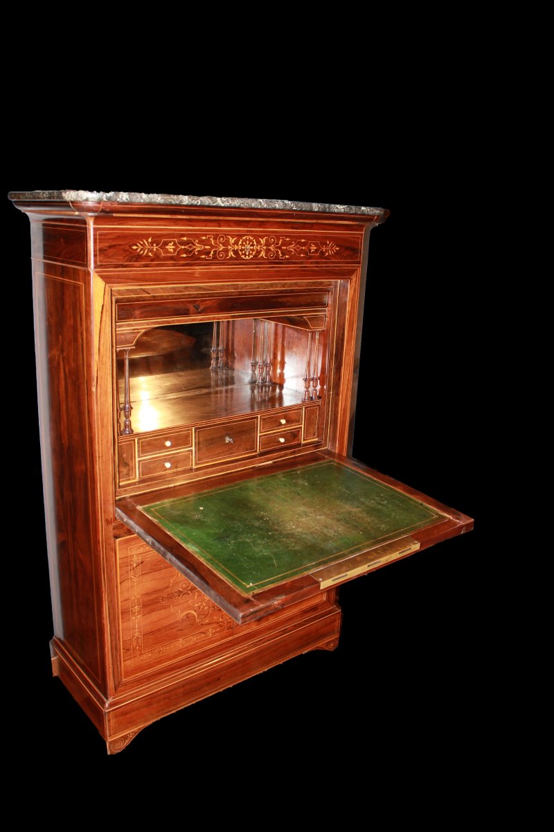 Secretaire francese di metà 1800, stile Carlo X, in legno di palissandro con ricchi motivi di i-photo-2