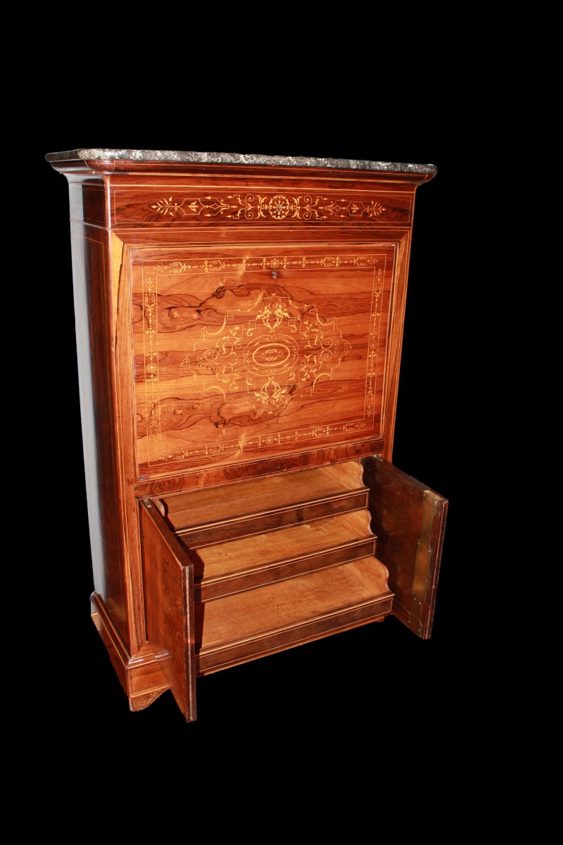 Secretaire francese di metà 1800, stile Carlo X, in legno di palissandro con ricchi motivi di i-photo-4