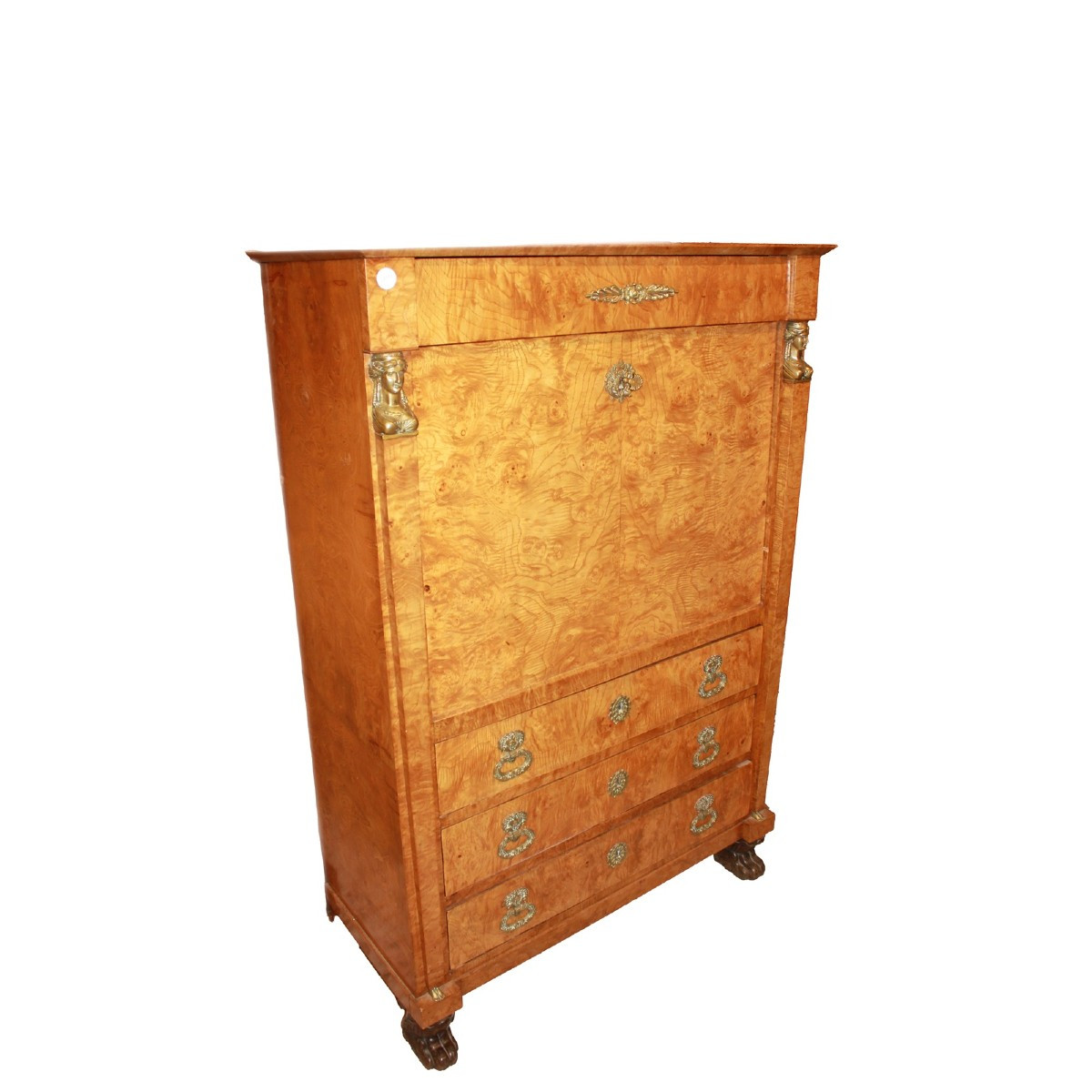 Secretaire Francese Stile Impero del 1800 In Legno di Betulla Con Bronzi