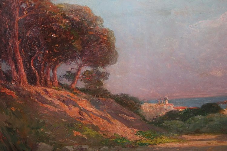 Olio su tela francese di inizio 1900 raffigurante Una pineta in riva al mare-photo-2