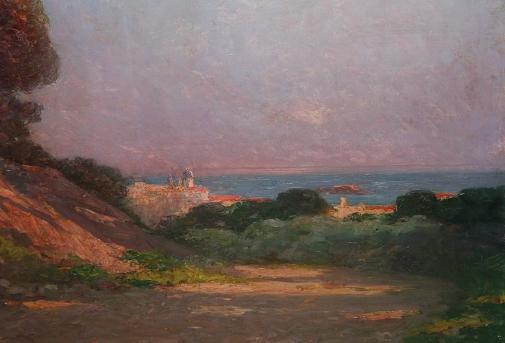 Olio su tela francese di inizio 1900 raffigurante Una pineta in riva al mare-photo-4