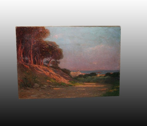 Olio su tela francese di inizio 1900 raffigurante Una pineta in riva al mare