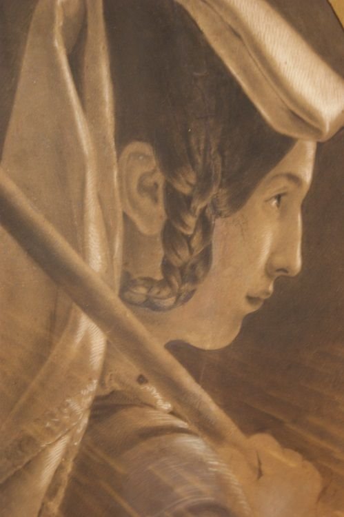 Pastello francese della seconda metà del 1800, raffigurante volto di donna di profilo-photo-3