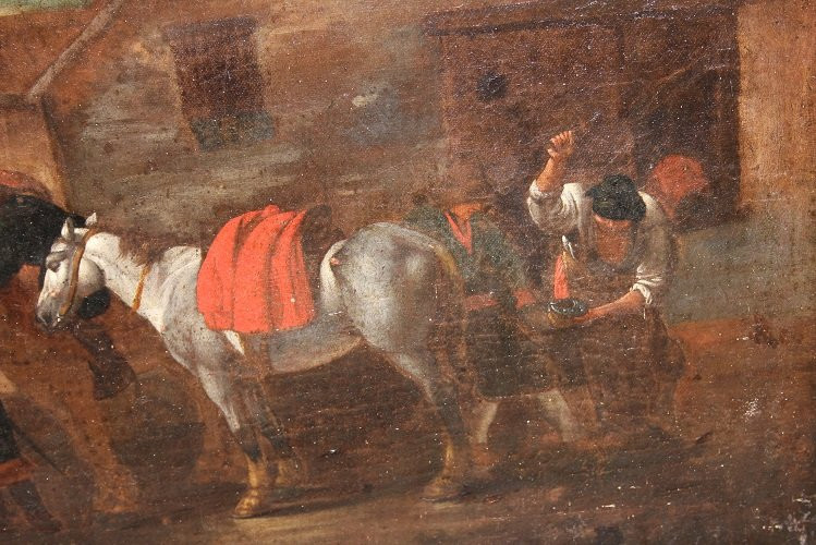 Olio su tela fiammingo di fine 1600 inizio 1700 raffigurante Maniscalco con personaggi-photo-2
