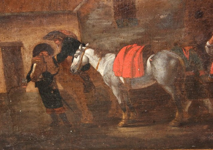 Olio su tela fiammingo di fine 1600 inizio 1700 raffigurante Maniscalco con personaggi-photo-3
