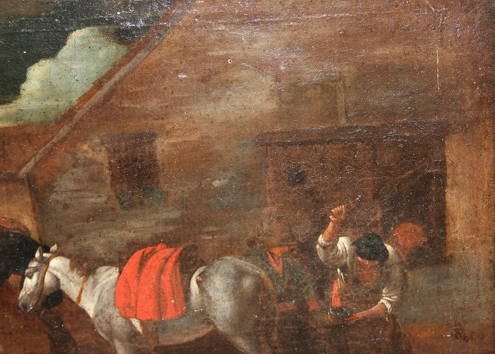 Olio su tela fiammingo di fine 1600 inizio 1700 raffigurante Maniscalco con personaggi-photo-4
