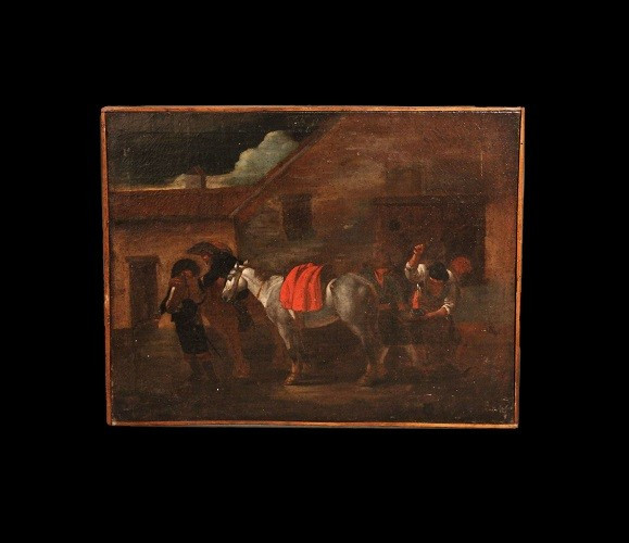 Olio su tela fiammingo di fine 1600 inizio 1700 raffigurante Maniscalco con personaggi