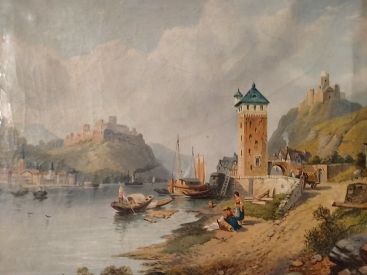 Olio su cartone inglese raffigurante paesaggio italiano con in primo piano lago, imbarcazioni-photo-2