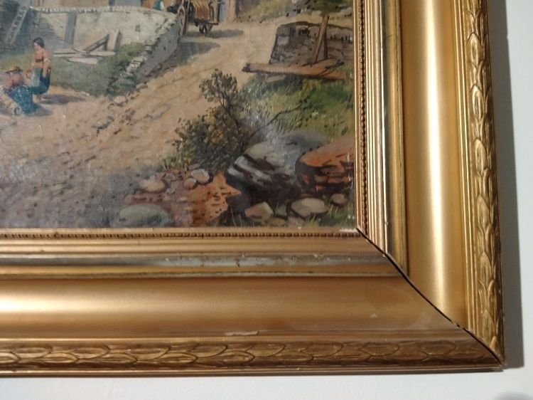 Olio su cartone inglese raffigurante paesaggio italiano con in primo piano lago, imbarcazioni-photo-3