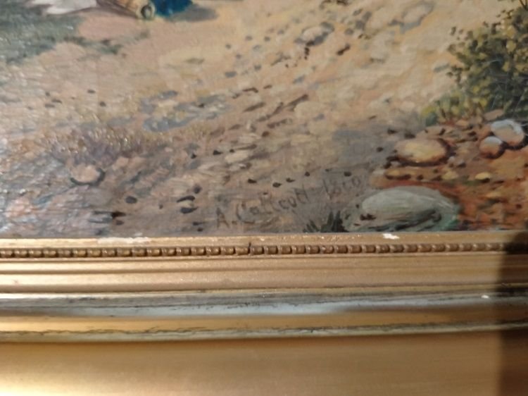 Olio su cartone inglese raffigurante paesaggio italiano con in primo piano lago, imbarcazioni-photo-4