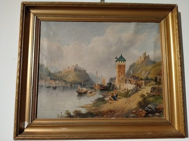 Olio su cartone inglese raffigurante paesaggio italiano con in primo piano lago, imbarcazioni