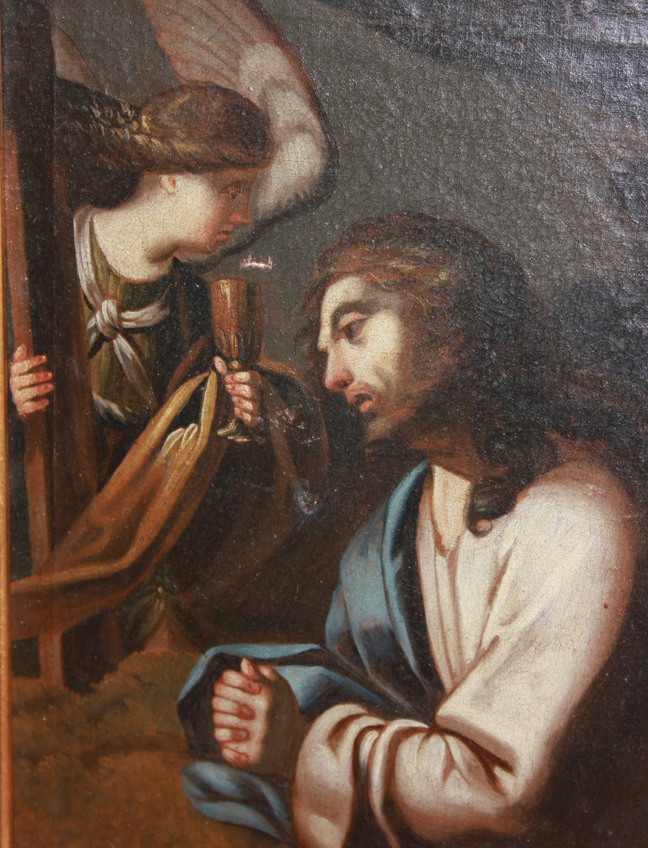 Bellissimo olio su tela francese del 1600 raffigurante Cristo Gesù con Angelo. Cornice in stile-photo-2